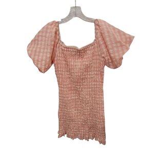 Pink Lily Coral Checkered Stretch Smocked Mini Dress